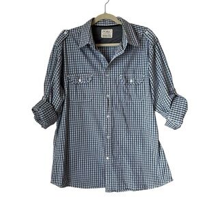 PD&C Men’s Roll Tab Blue Plaid Button Down Western Shirt 100% Cotton Size XL